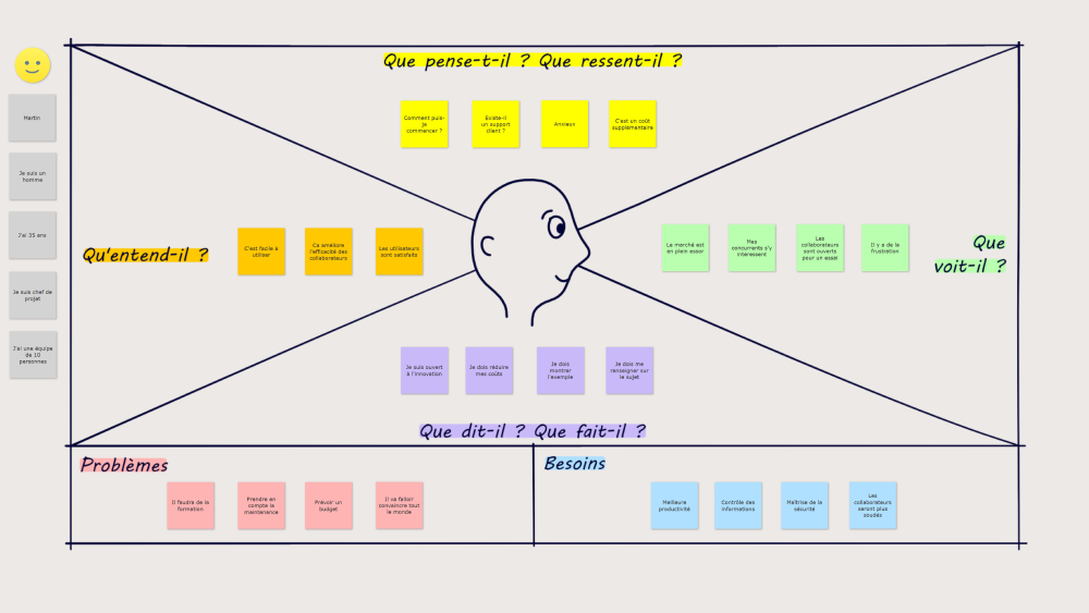 Empathy map in French showing a head sketch with four quadrants: thoughts and feelings, hearing, seeing, and saying and doing, plus sections for problems and needs below, each containing colored sticky notes with related statements.
