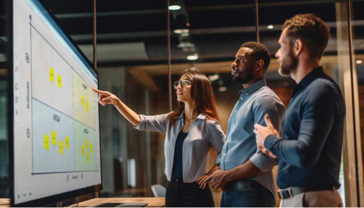 Three colleagues in a modern office analyzing data on a large screen with sticky notes and charts.