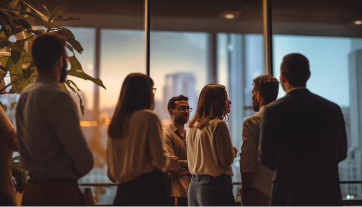Group of six people having a discussion in an office with large windows showing a city skyline at sunset.