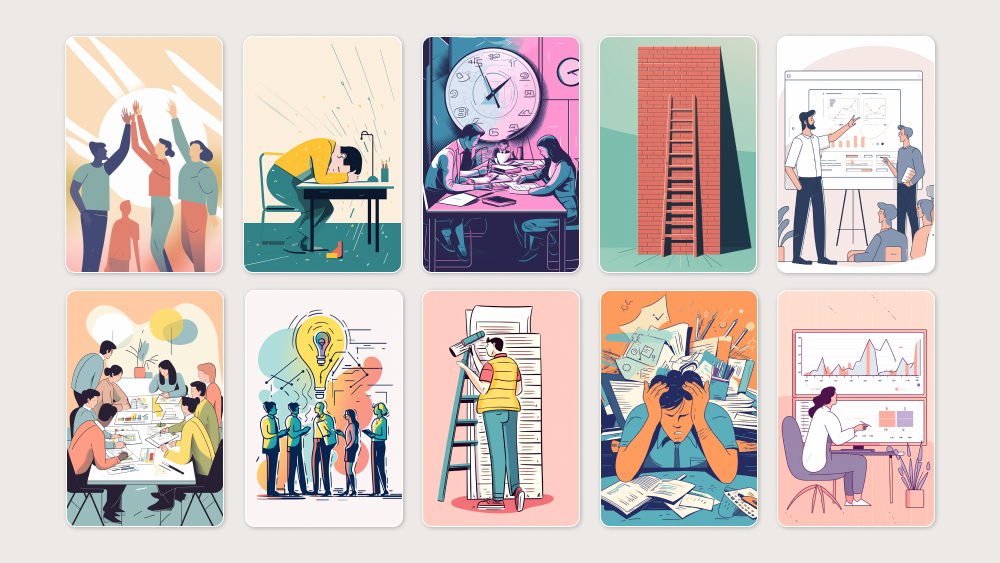 A collage of ten illustrations depicting teamwork and work-related challenges, including people high-fiving, stressed individuals, teamwork under time pressure, a ladder leaning on a brick wall, business presentation, group discussion, brainstorming with a lightbulb idea, a man comparing documents on ladder, a frustrated person overwhelmed by paperwork, and a woman analyzing charts on a computer.