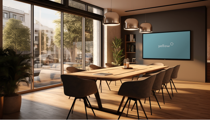 Modern conference room with long wooden table, eight dark chairs, large glass windows showing outdoor seating, and a wall-mounted screen displaying 'yellow'.