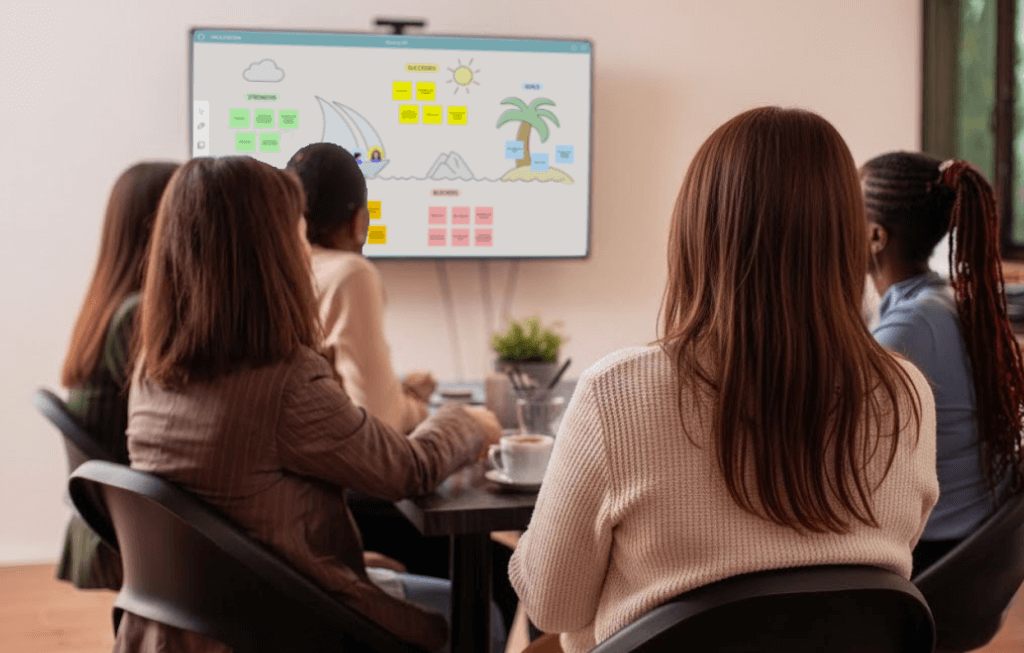 Un groupe de personnes assises en réunion, observant un tableau affichant un atelier Sailboat sur un écran