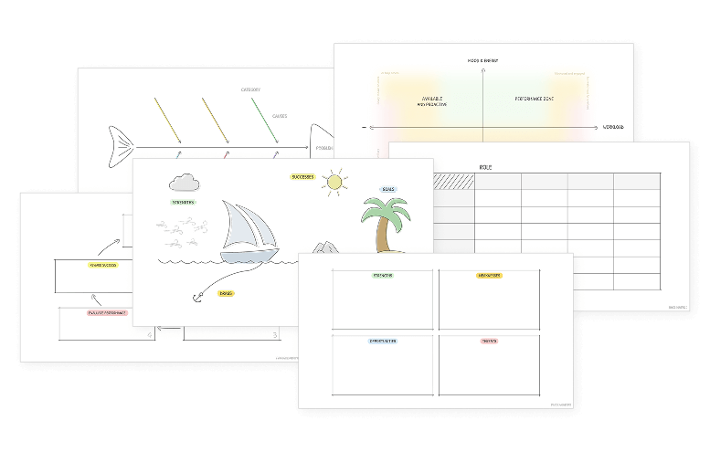 Collage of various business and strategy templates including a fishbone diagram, a risk matrix, a SWOT analysis chart, goal-setting illustration with a boat and island, and a responsibility assignment matrix.