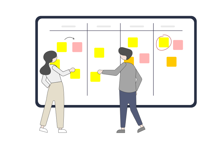 Two people standing in front of a whiteboard with sticky notes in yellow, pink, and orange organized in columns, discussing or planning.