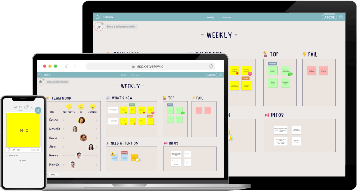 Three devices—a smartphone, laptop, and large monitor—display a weekly team dashboard with sections for mood, updates, top and fail tasks, and info notes.
