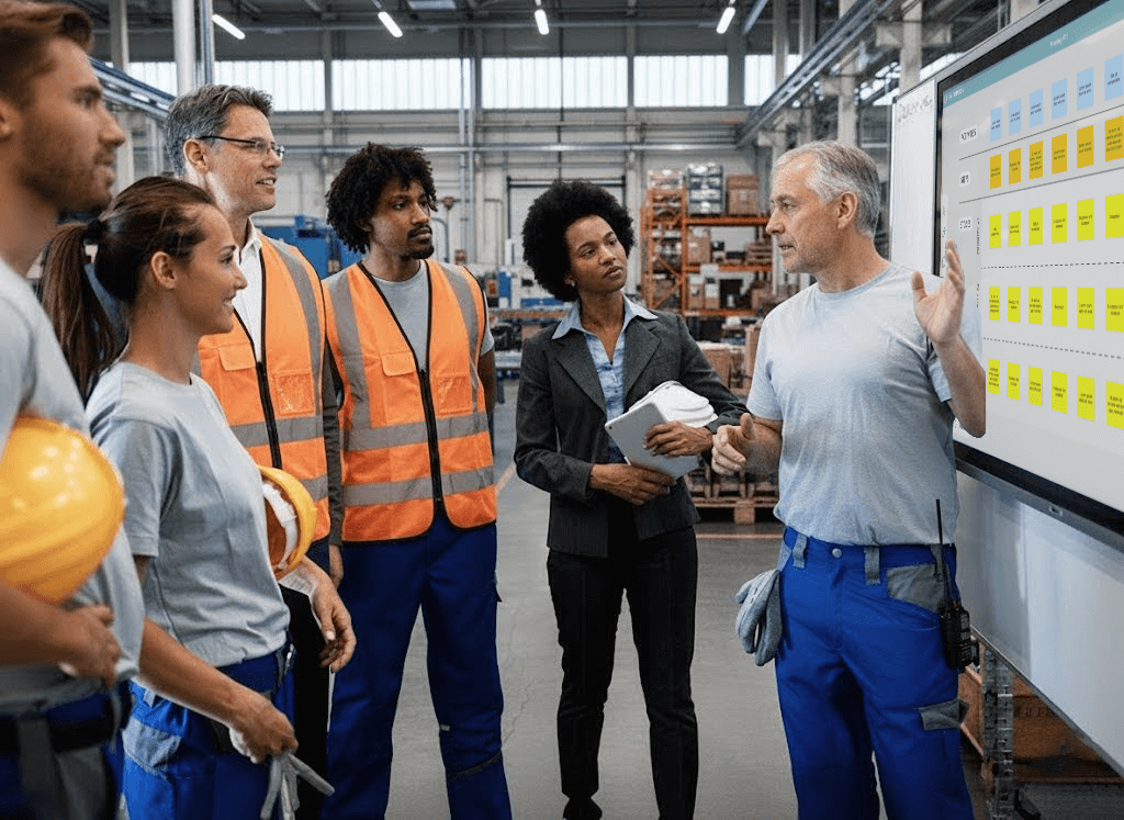 A group of factory workers and a manager discussing a production schedule displayed on a digital board in an industrial warehouse.
