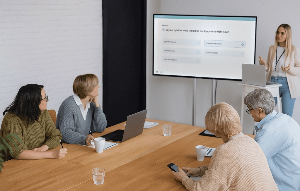 Four people seated at a conference table listening to a standing woman presenting in front of a screen showing a poll question about top priorities.